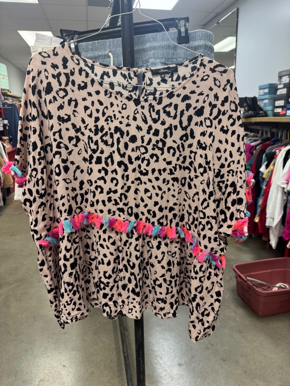 ANDREE BY UNIT Pink Leopard Print Tunic with Multicolor Tassels